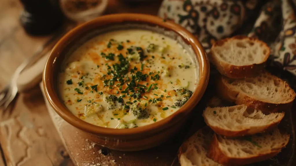 A rustic bowl of creamy broccoli cheddar soup, garnished with fresh parsley, surrounded by crusty bread on a wooden table.