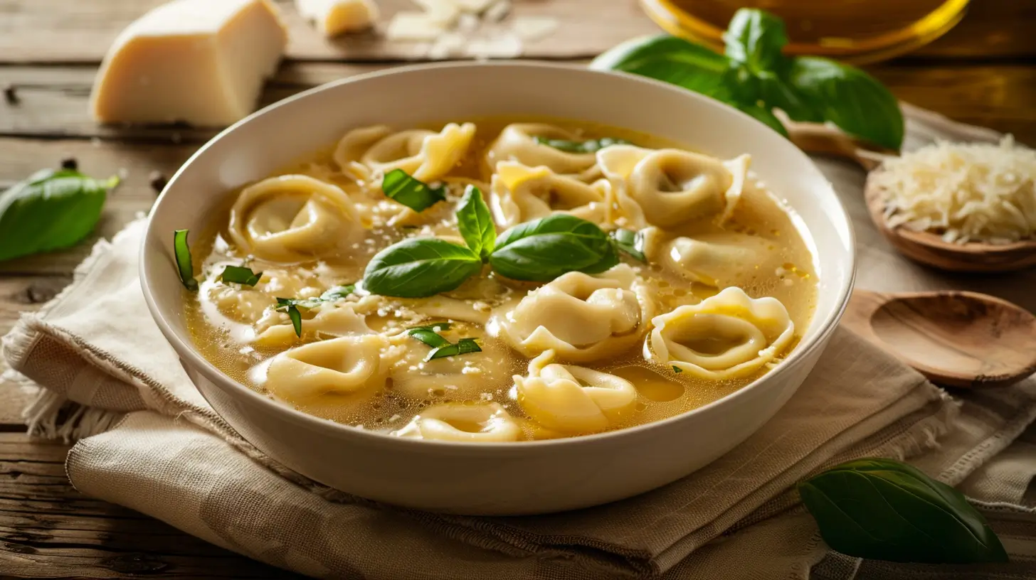 A beautiful bowl of steaming tortellini soup in a rustic Italian kitchen with fresh herbs and grated Parmesan cheese.