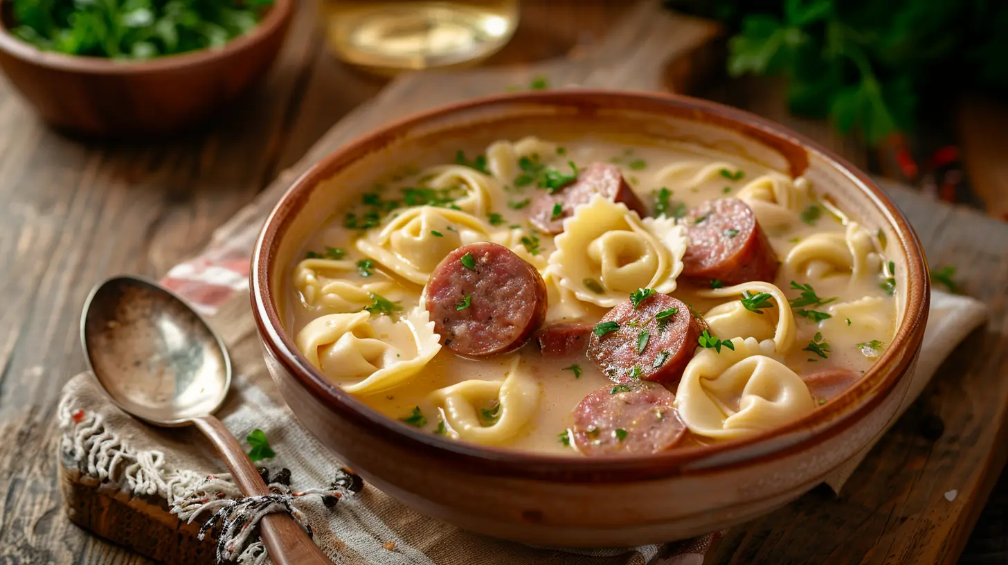 A bowl of sausage tortellini soup with fresh herbs and a creamy broth