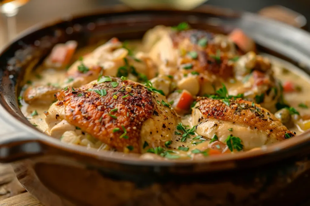 A savory chicken casserole with creamy sauce, golden crispy breadcrumbs, and fresh parsley