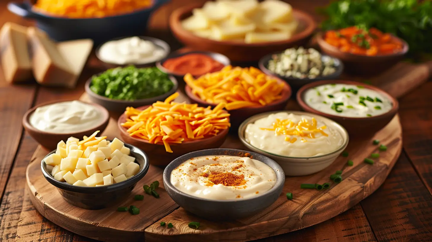 A variety of cheeses on a wooden board with bowls of creamy sauce, perfect for replacing Velveeta in casseroles.