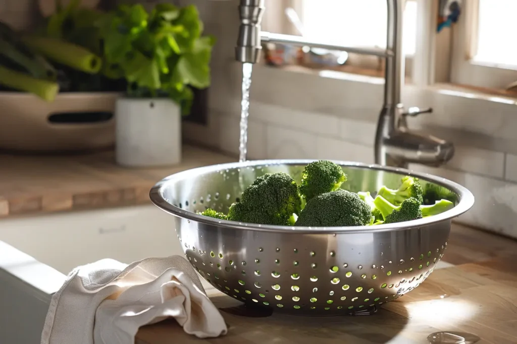 Frozen broccoli thawing in a colander with water droplets, next to a towel for drying.