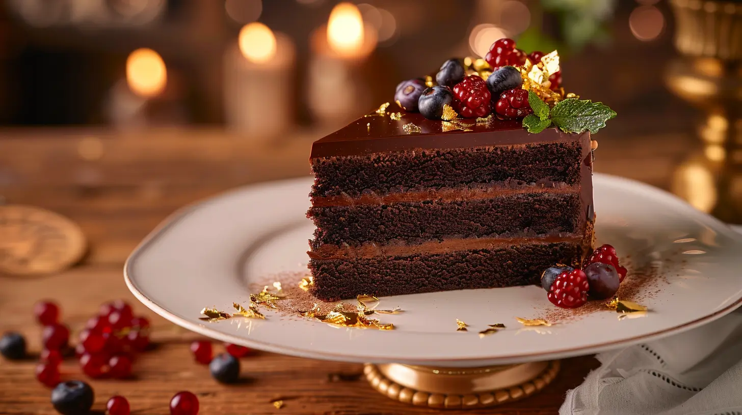 A rich and decadent chocolate cake, featuring layers of chocolate sponge, glossy glaze, and a luxurious garnish.