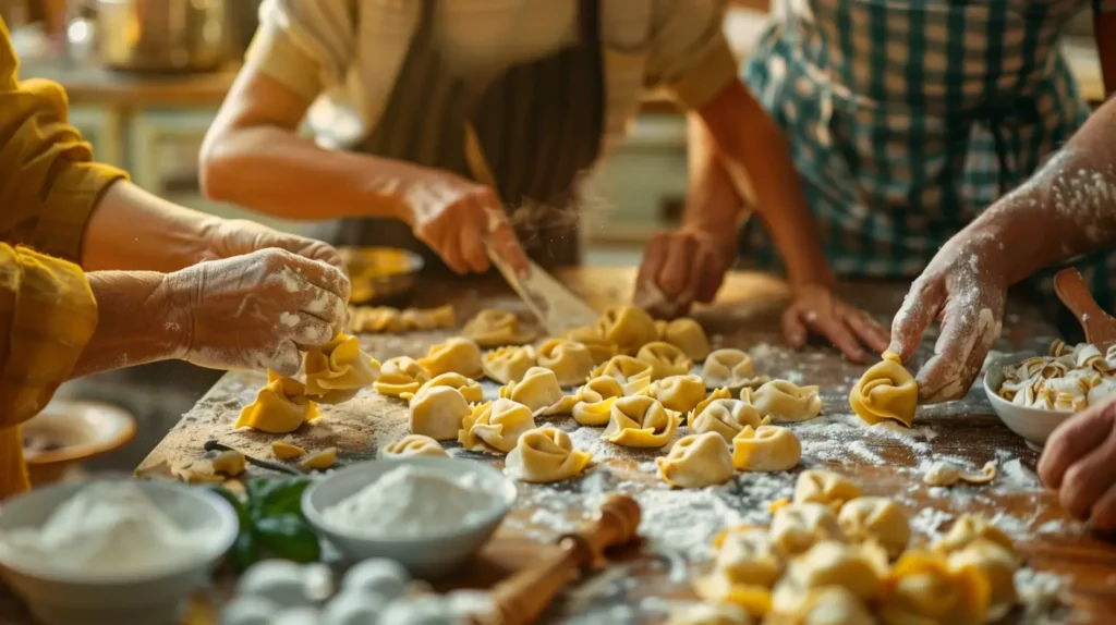 A rustic Italian inn kitchen with an innkeeper crafting tortellini by hand, inspired by the myth of Venus.