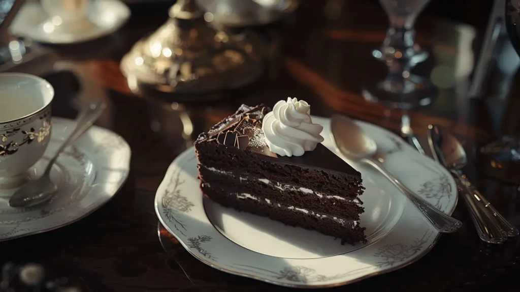 The Sachertorte, a classic Austrian chocolate cake with glossy glaze and a slice served with whipped cream.