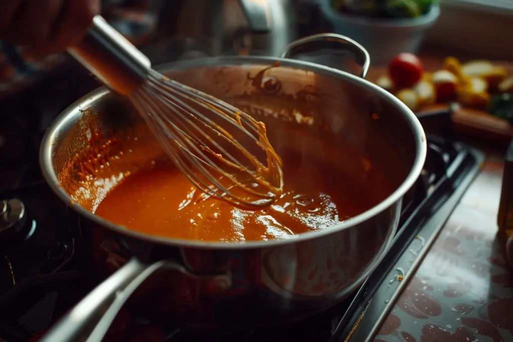 Thickening a broccoli casserole with a whisk and a saucepan of roux on a stovetop.