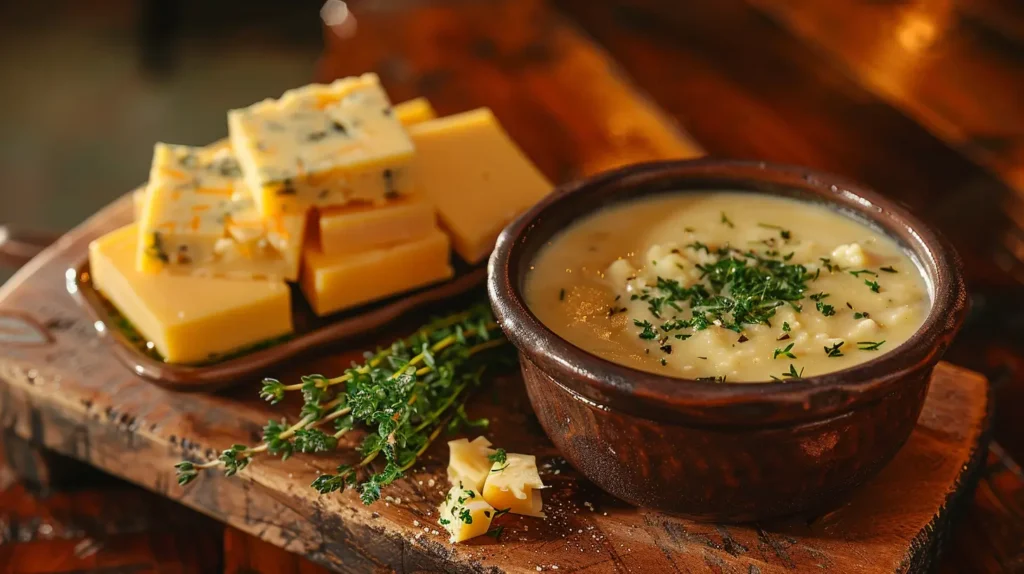 A selection of cheeses ideal for soup, including cheddar, gouda, and gruyère, on a wooden board with a bowl of soup.