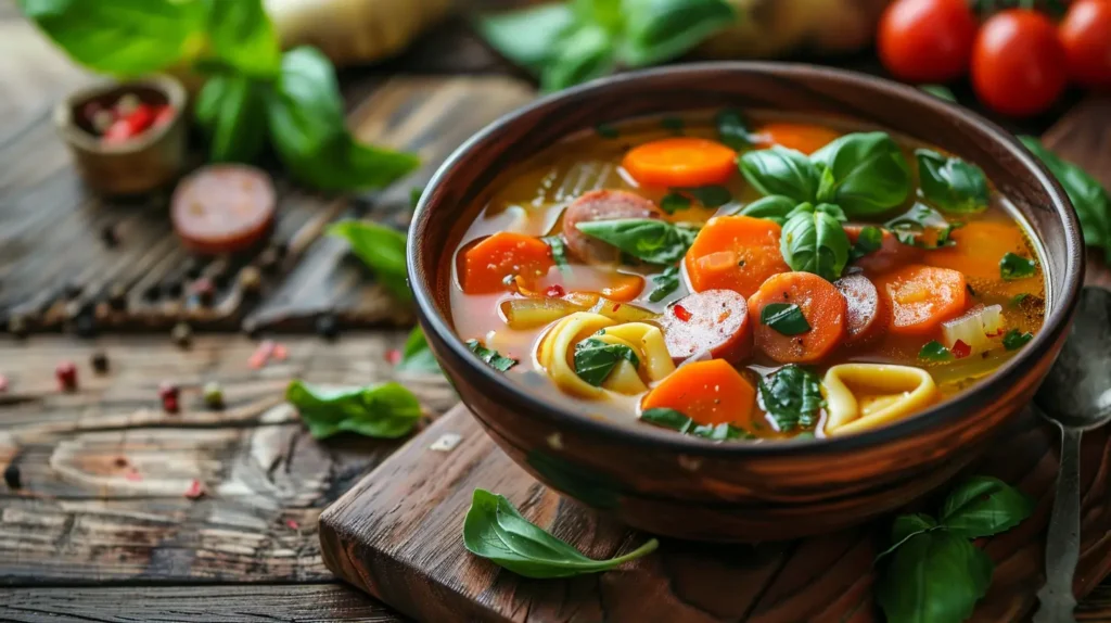 Tortellini soup with fresh vegetables and sausage in a clear broth.