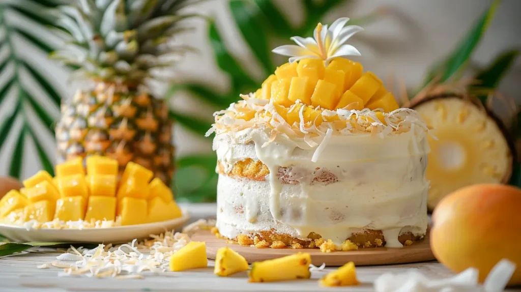 Fresh tropical fruits like mango, pineapple, and coconut paired with white chocolate.