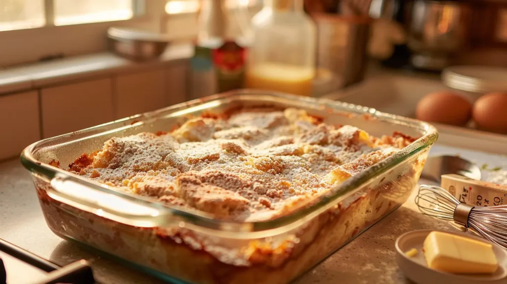 A baking dish with an unevenly baked dump cake, showing dry spots and overly moist areas, placed on a kitchen counter.