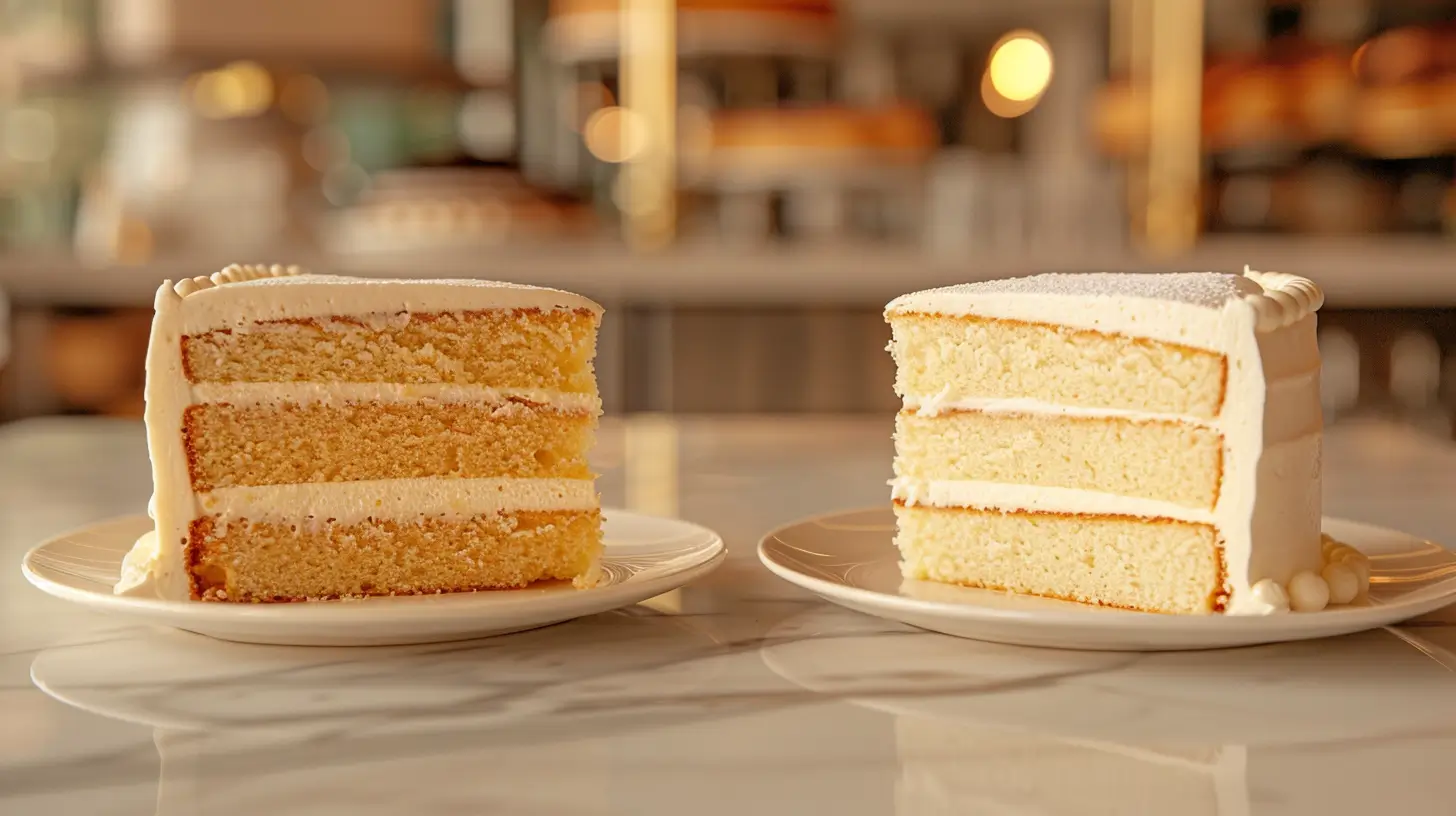 Vanilla and white cake slices on elegant plates with decorative frosting