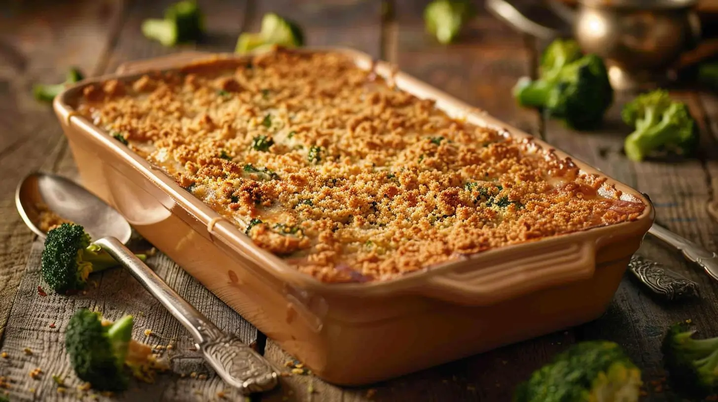 A delicious Velveeta broccoli casserole topped with melted cheese and breadcrumbs in a baking dish.