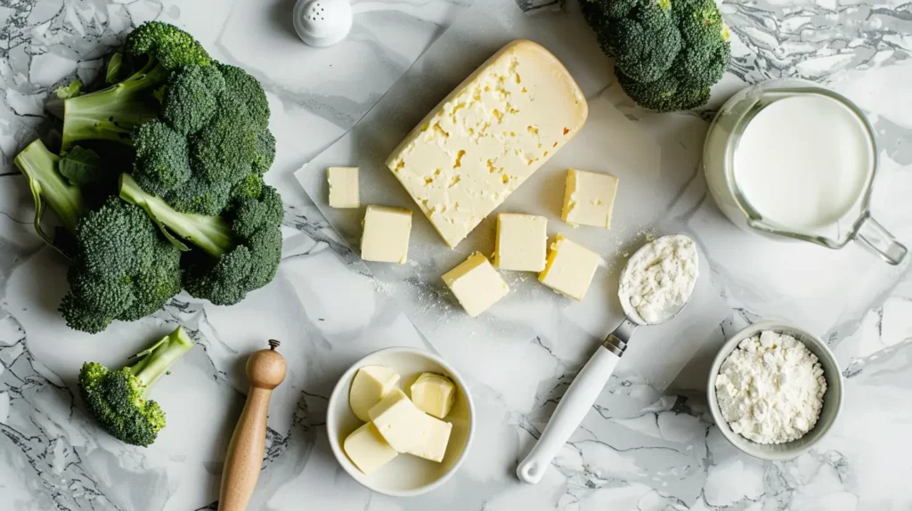 Ingredients for Velveeta broccoli casserole, including fresh broccoli, Velveeta cheese, butter, flour, and milk arranged on a kitchen countertop.