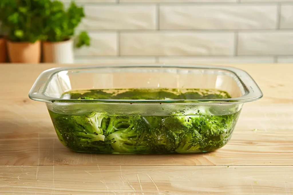 Overcooked broccoli casserole with watery consistency in a glass baking dish on a kitchen countertop