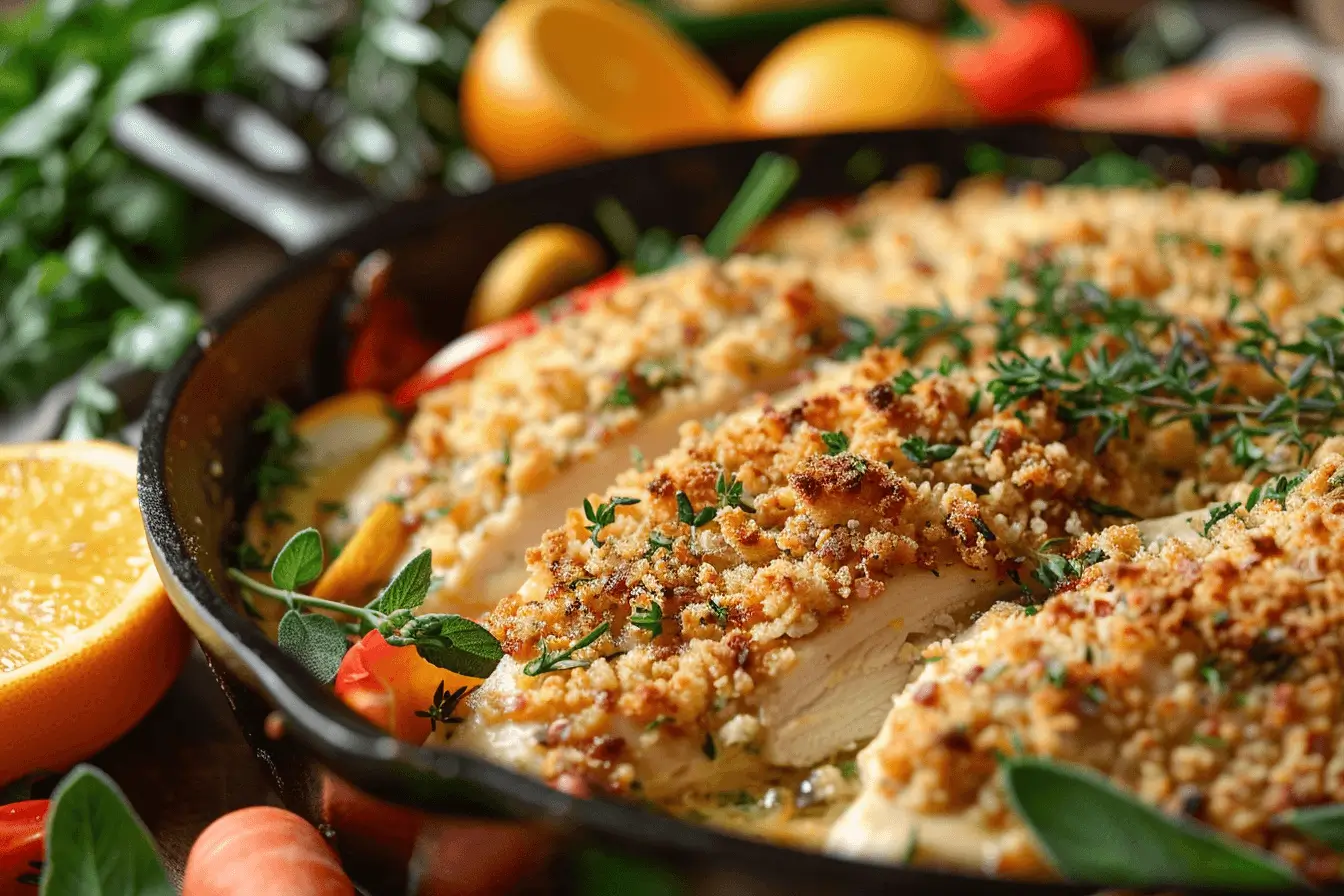 A delicious chicken casserole with golden toppings, surrounded by fresh herbs and vibrant vegetables.