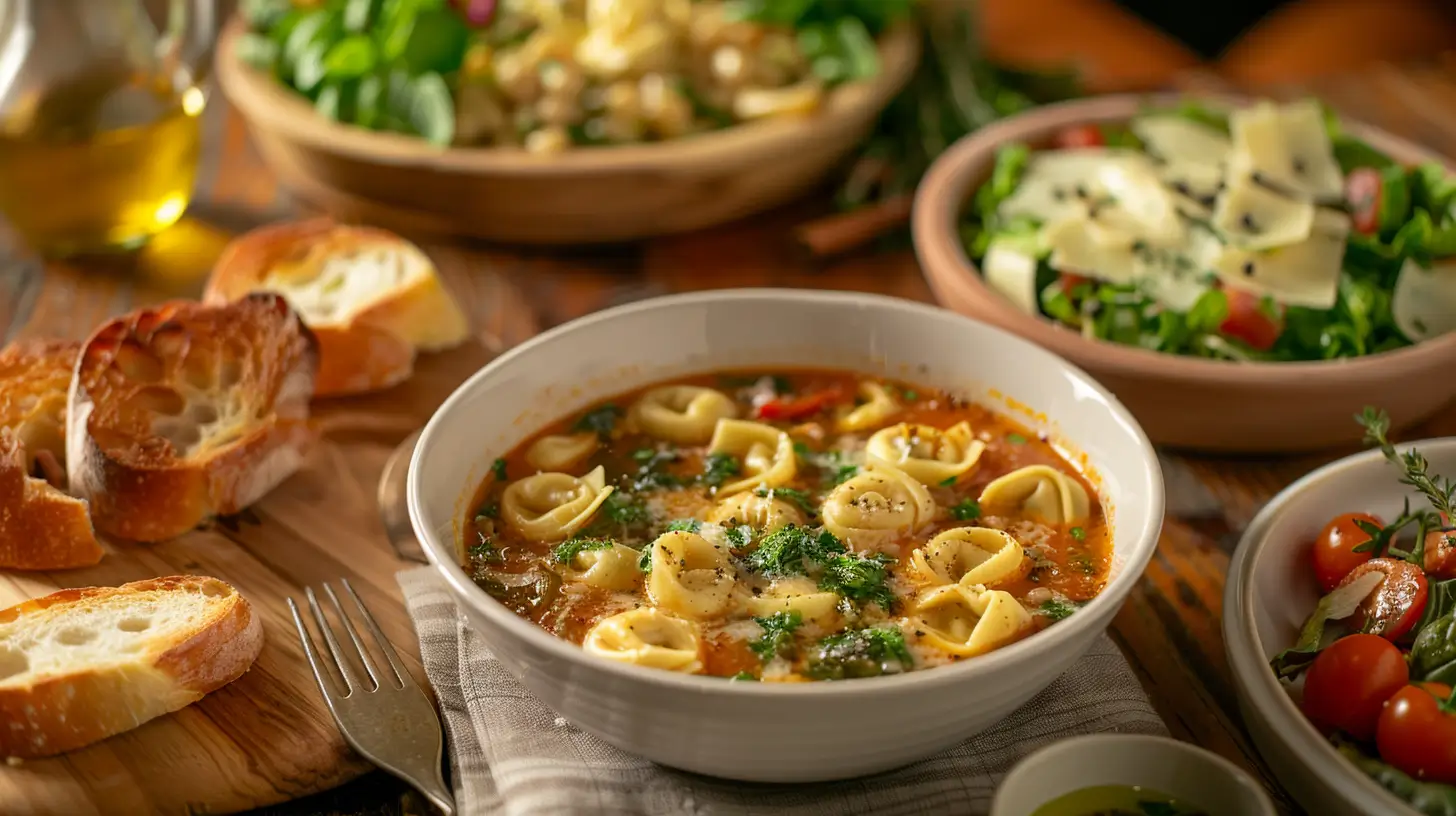 A hearty bowl of tortellini soup surrounded by fresh garlic bread, Caesar salad, and roasted vegetables on a rustic wooden table.