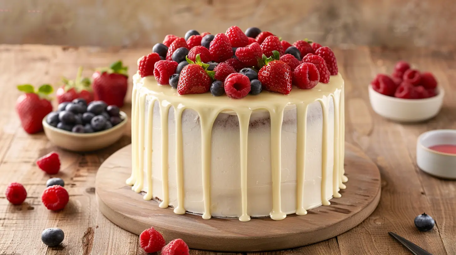 A decadent white chocolate cake topped with fresh berries and a drizzle of raspberry