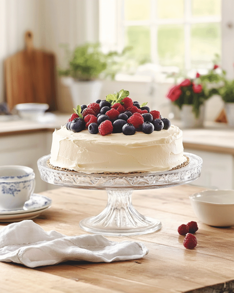 Adding Sour Cream to Cake Mix: The Secret to Moist, Tender Cakes 1 Finished sour cream cake on cake stand with berries