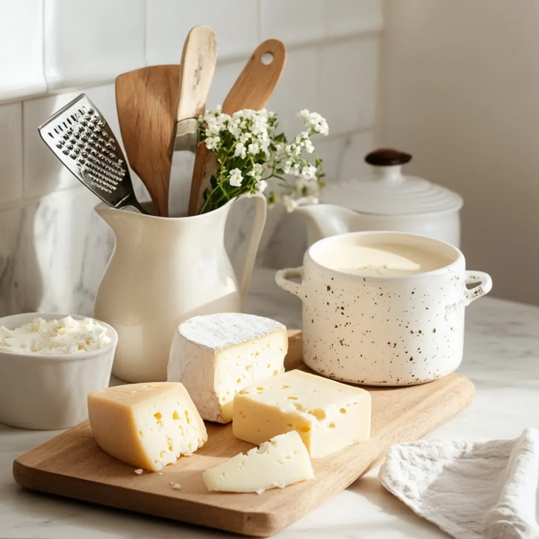 Assortment of cheeses ideal for melting in soups