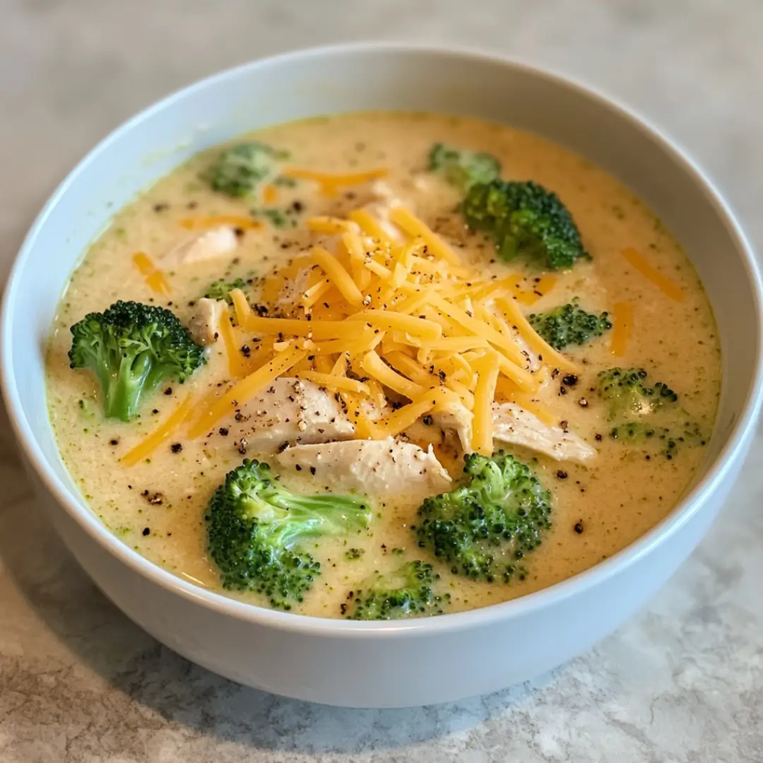 Creamy chicken broccoli cheddar soup in a white bowl