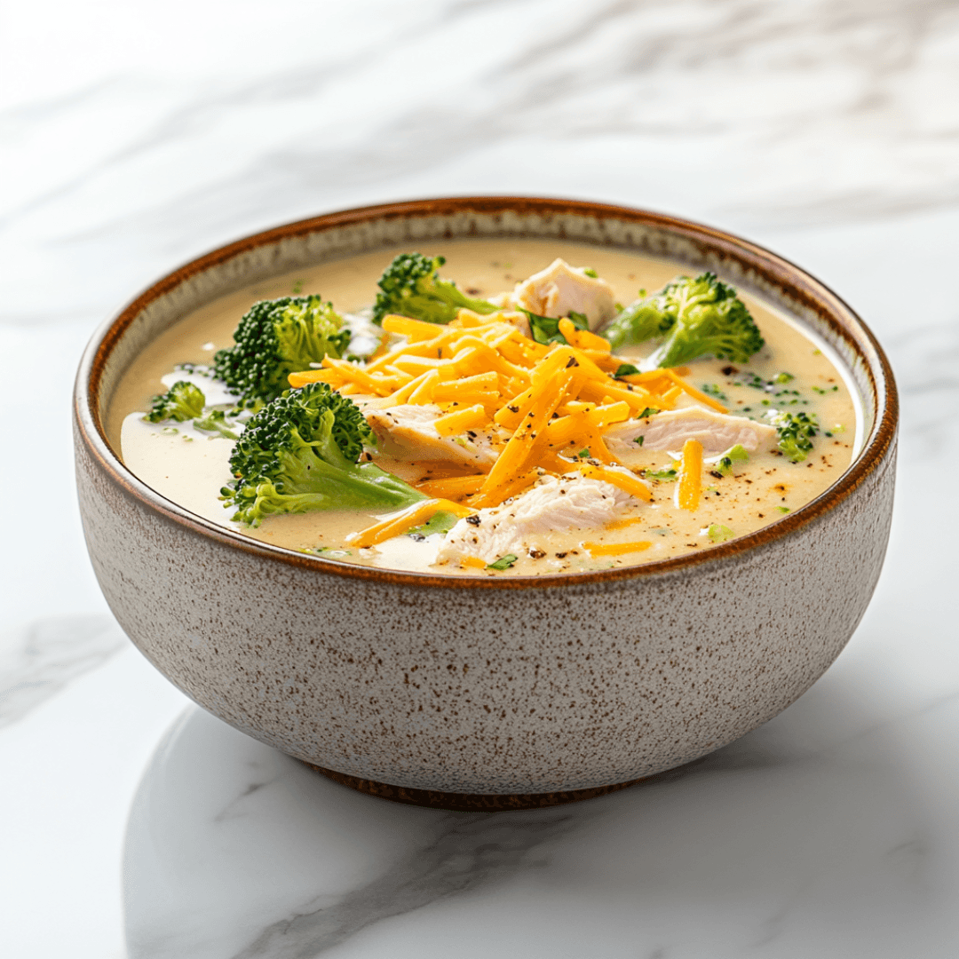 Creamy Chicken Broccoli Cheddar Soup served in a rustic bowl