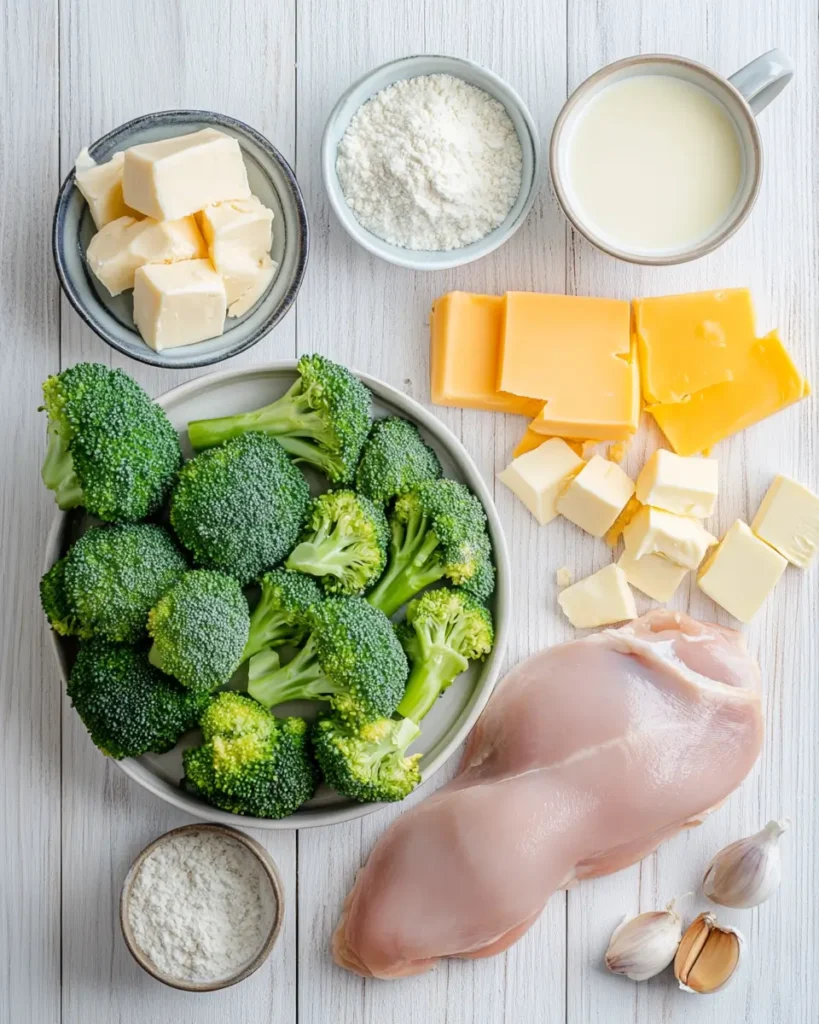Why Is My Broccoli Cheddar Soup Not Creamy? Let’s Fix That! 1 Fresh ingredients for chicken broccoli cheddar soup on a wooden counter