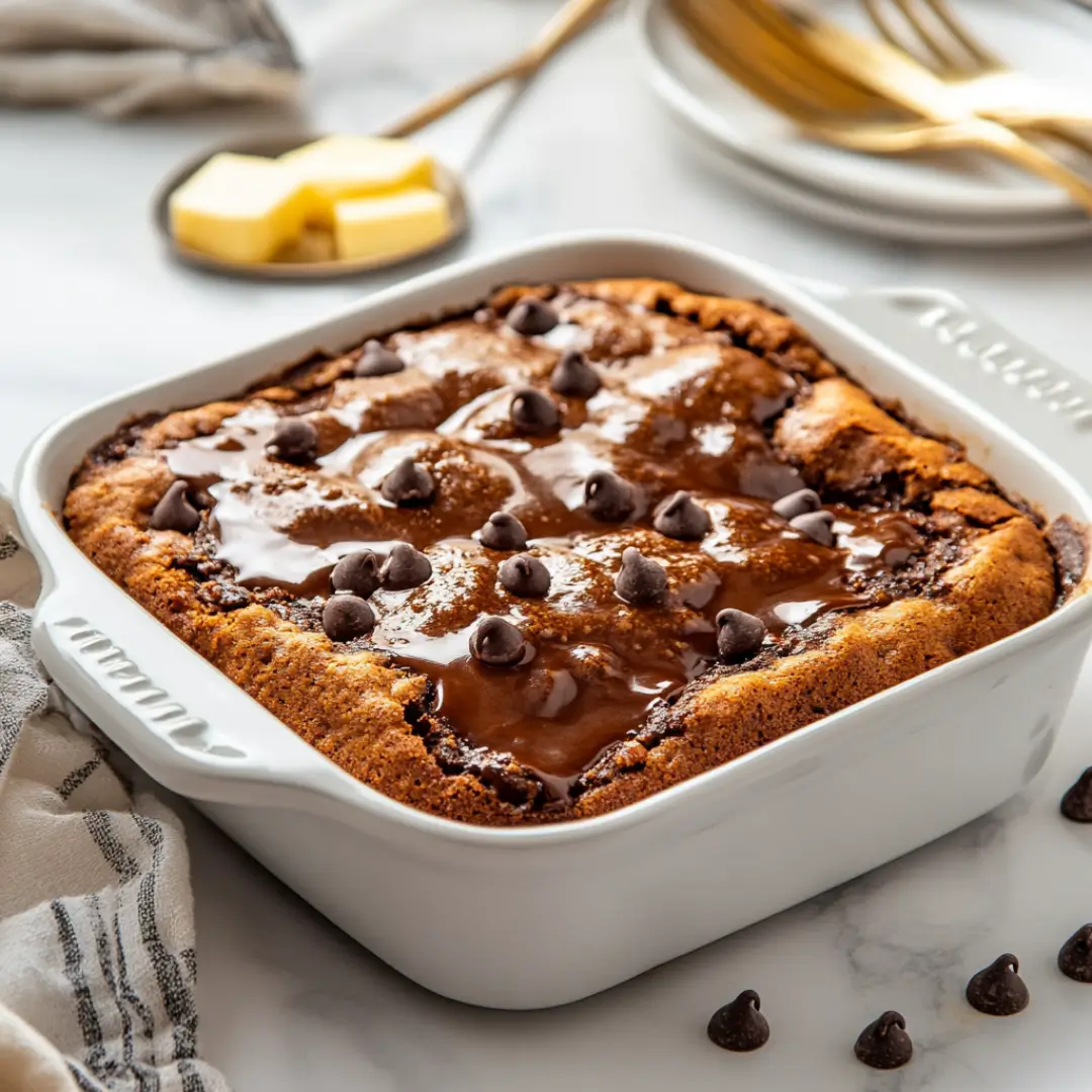 Freshly baked chocolate dump cake with melted chips and golden top