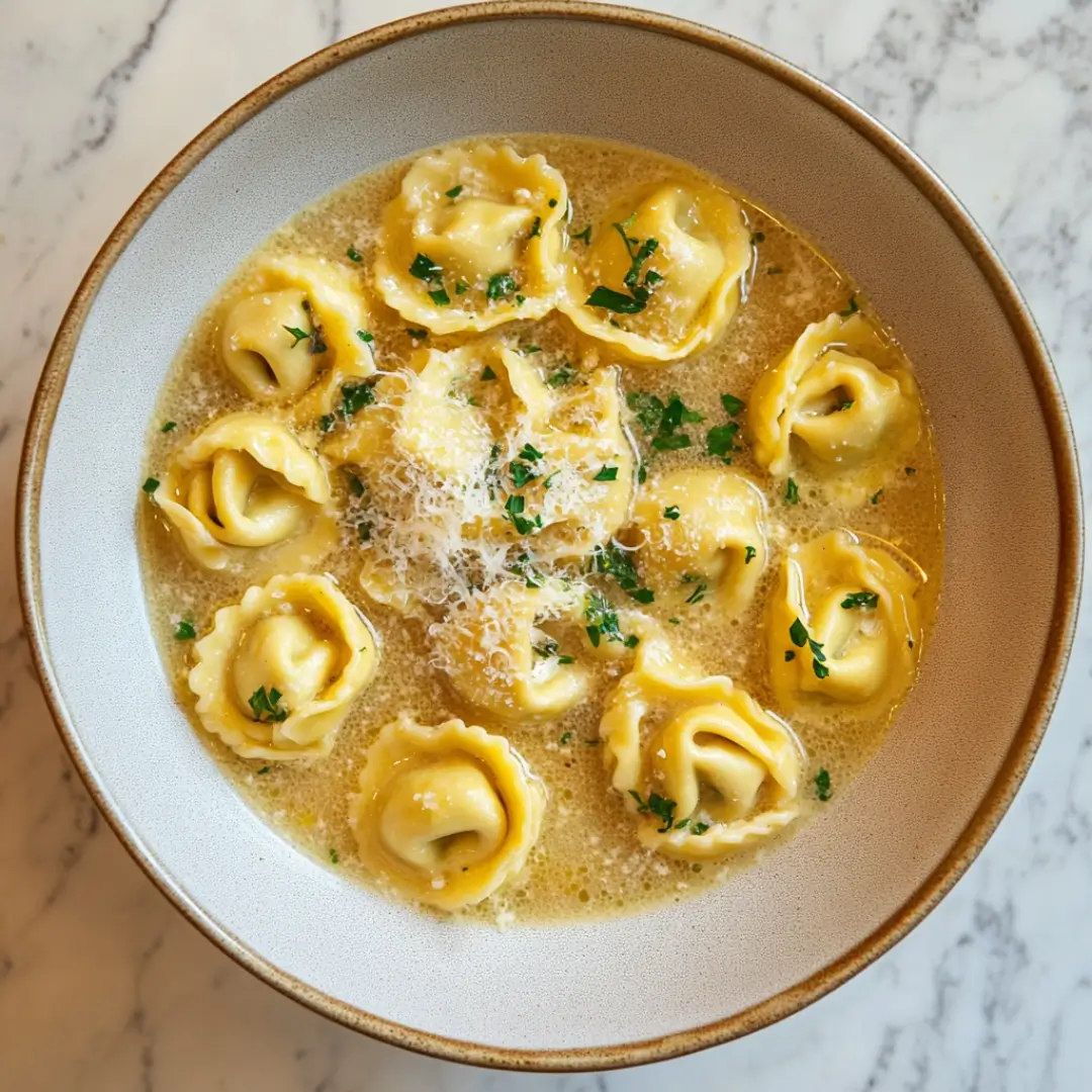 Traditional tortellini soup in golden broth with Parmesan