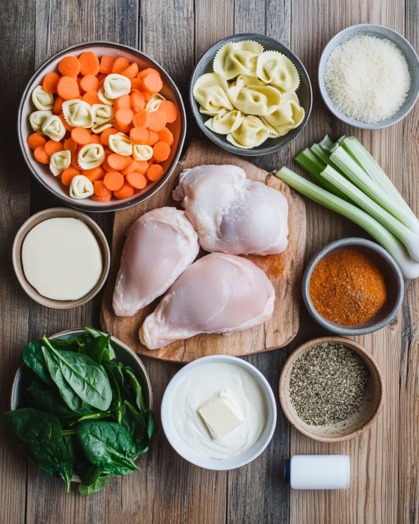 Creamy Chicken Tortellini Soup Recipe 4 A beautifully styled, steaming bowl of creamy chicken tortellini soup with fresh vegetables and tortellini, perfect for a cozy dinner or family gathering.