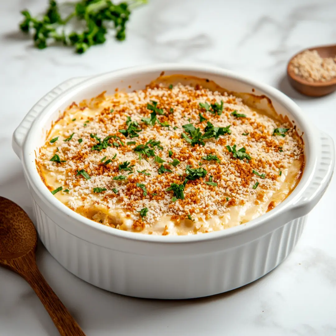Chicken casserole topped with cheese and herbs on marble surface