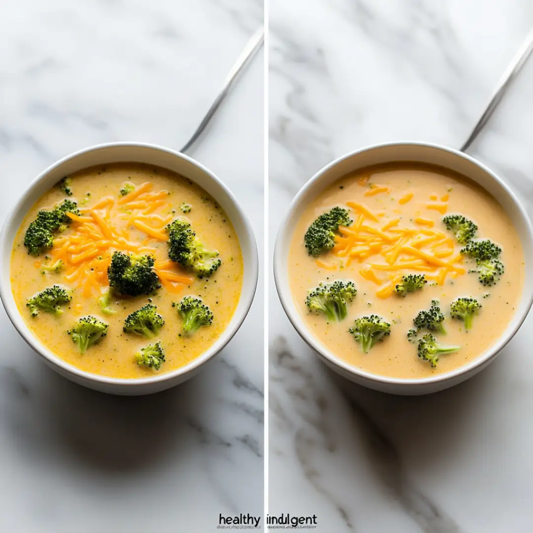 Healthy vs indulgent broccoli cheddar soup comparison