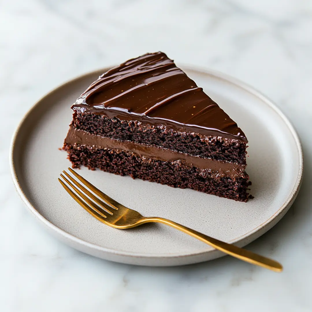 Rich slice of king of chocolate cake with glossy ganache