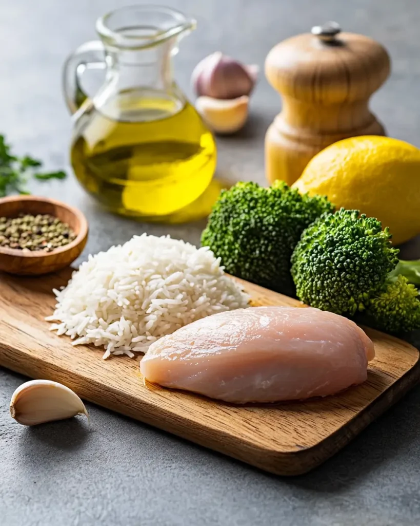Is Eating chicken rice and broccoli healthy? 1 Chicken, rice, and broccoli with spices being prepped on wood board