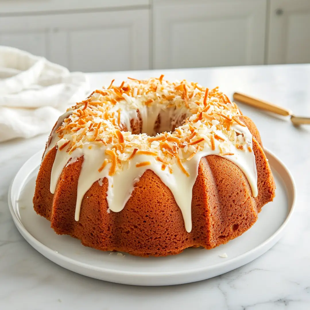 Glazed white chocolate coconut bundt cake with cream cheese frosting