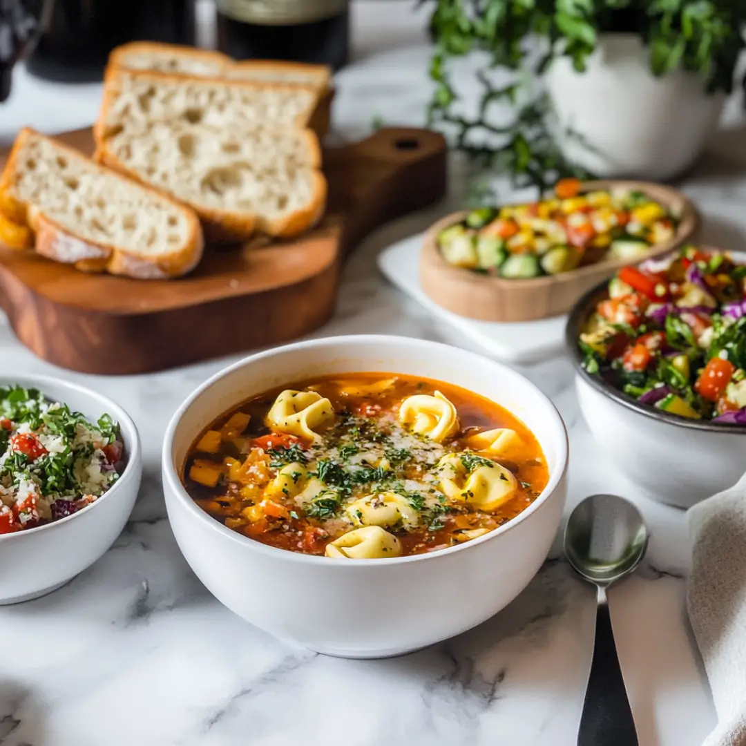 Tortellini soup with cozy side dishes on a marble kitchen counter