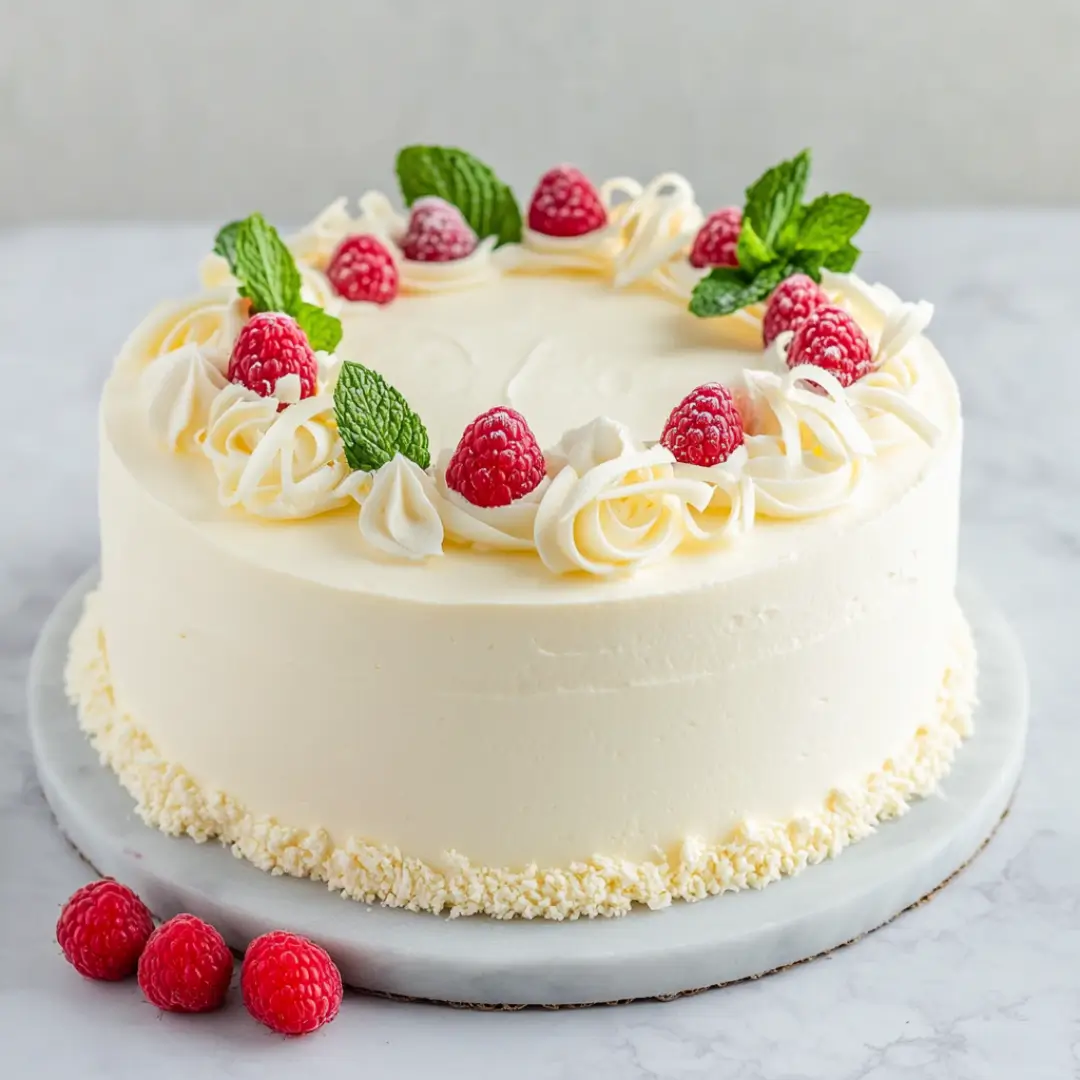 Elegant white chocolate cake with raspberries and mint
