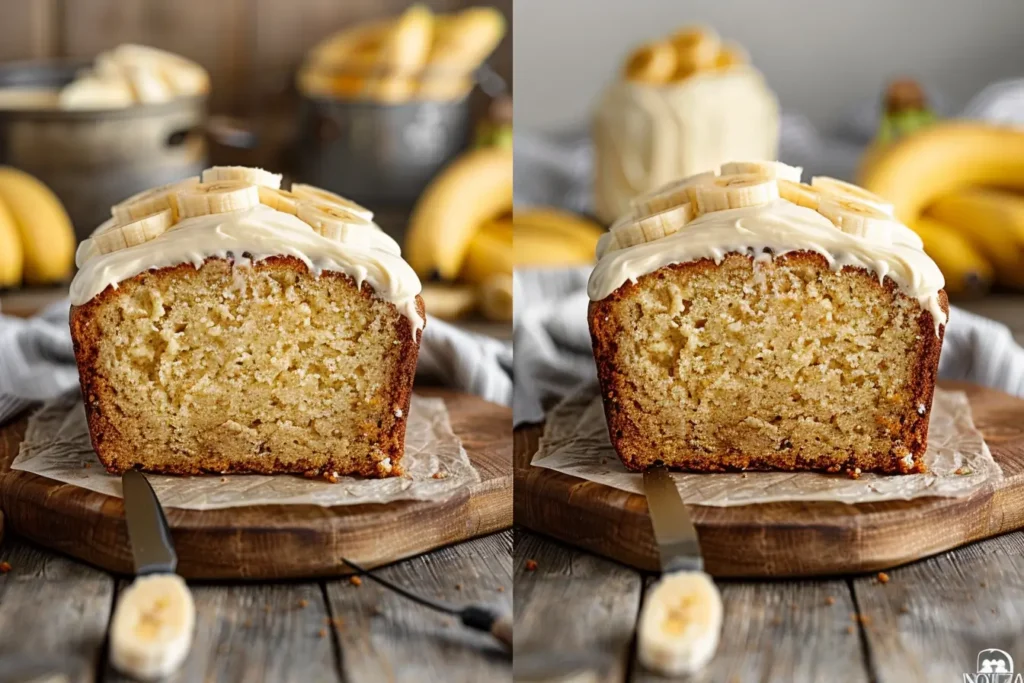  A comparison of banana bread and banana cake, sliced and placed side by side on a wooden table, showcasing their differences in texture and appearance.