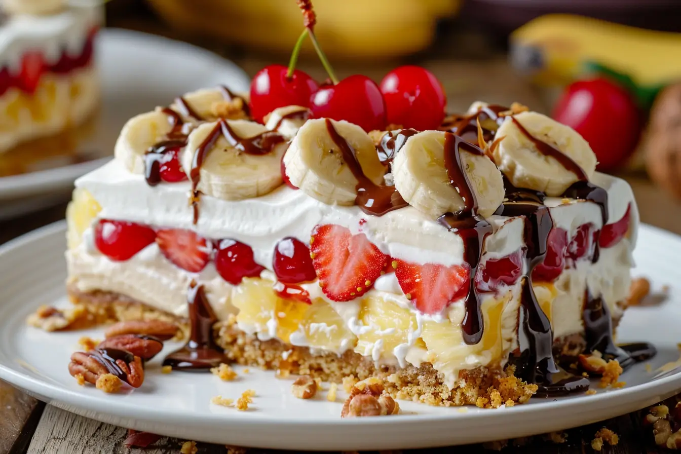 A delicious banana split cake with layers of graham cracker crust, creamy filling, fresh bananas, strawberries, and pineapple, topped with whipped cream, chocolate drizzle, chopped nuts, and maraschino cherries.