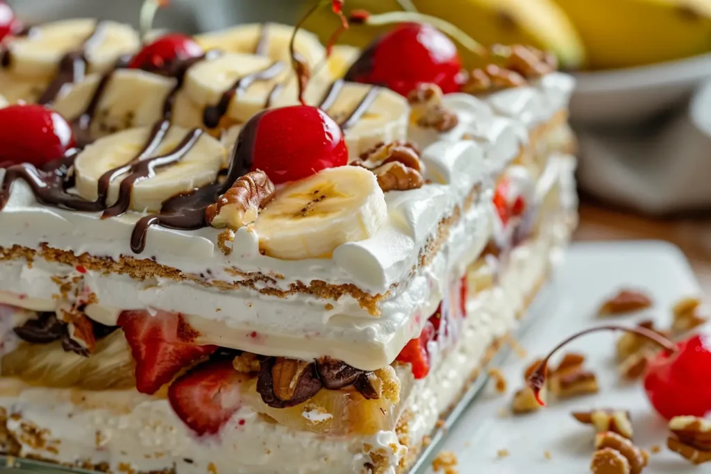 A sliced banana split cake showing its layers of graham cracker crust, creamy filling, fresh fruit, and whipped topping, garnished with chocolate drizzle, nuts, and cherries.