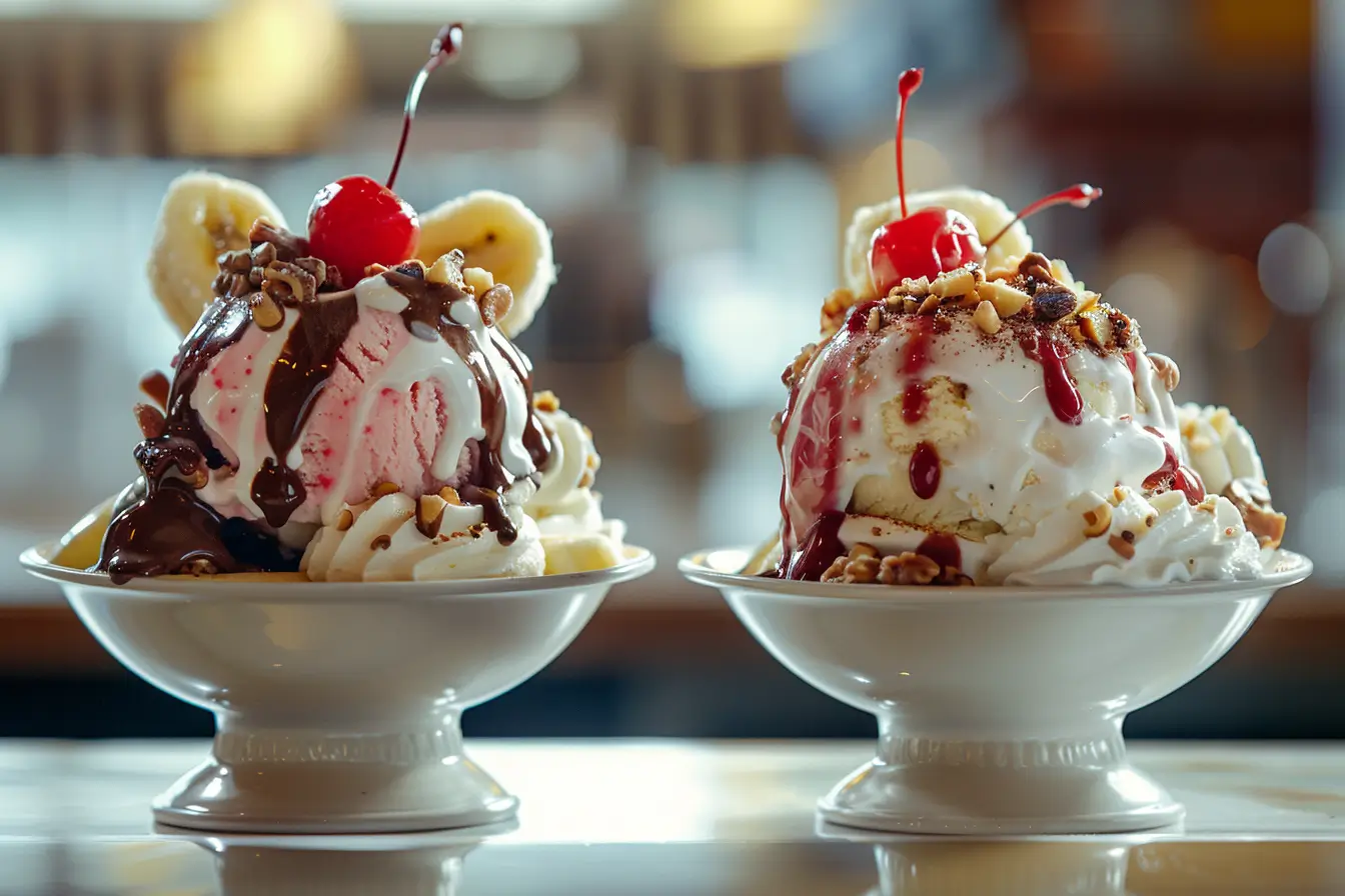 A beautifully plated banana split and banana royale, served in elegant dishes with ice cream, syrups, whipped cream, and cherries.