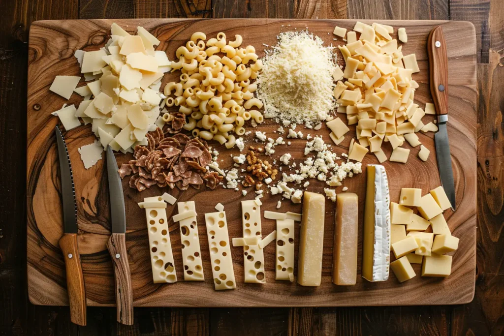 A variety of cheeses arranged on a wooden board, including cheddar, Gruyère, gouda, and parmesan, perfect for making mac and cheese.