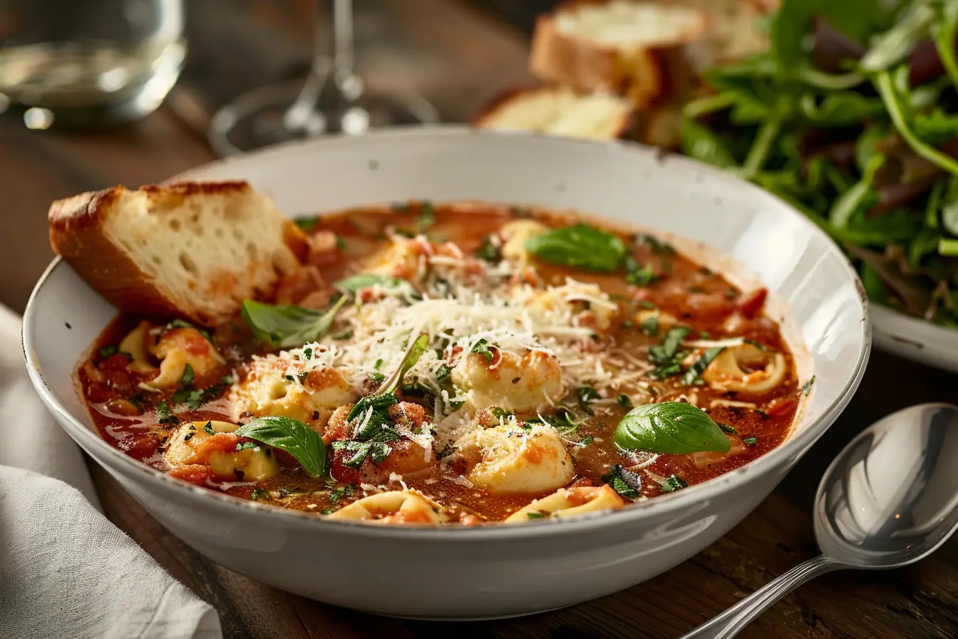 A bowl of tortellini soup with a side of garlic bread and fresh salad on a rustic wooden table.