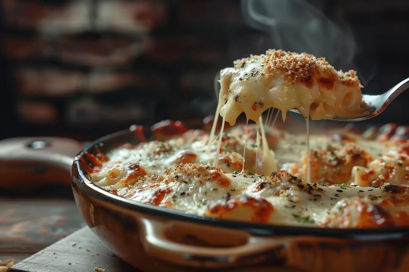 A bowl of creamy mac and cheese made with two types of melted cheese, served in a rustic dish with a golden, crispy topping