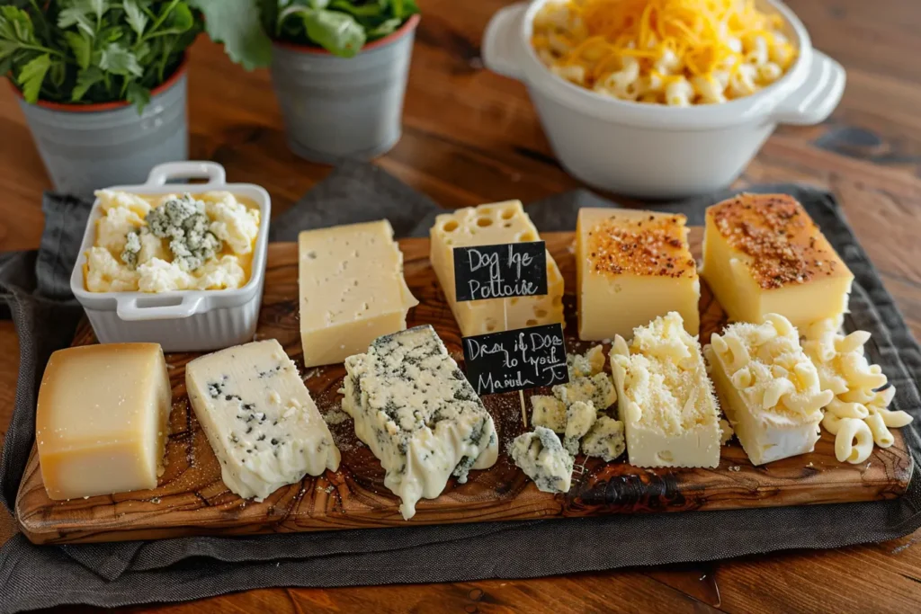 A wooden cutting board with different cheeses that do not melt well, including blue cheese, feta, Parmesan, and ricotta, with a creamy mac and cheese bowl in the background for contrast.