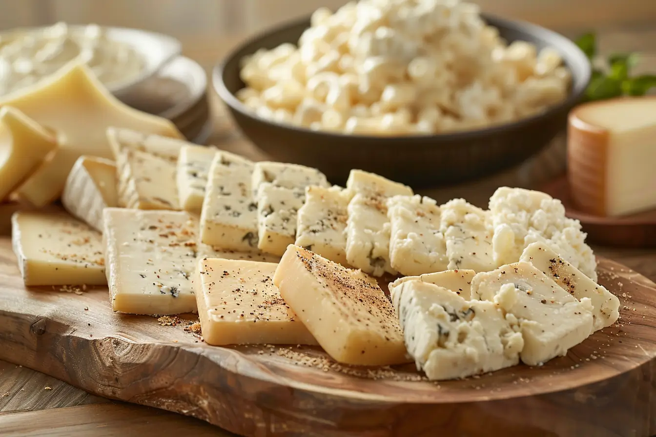 A variety of cheeses displayed on a wooden board, highlighting cheeses that do not melt well, such as blue cheese, feta, and Parmesan, with a bowl of creamy mac and cheese in the background.