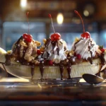 A delicious banana split dessert in a bowl with scoops of vanilla, chocolate, and strawberry ice cream, drizzled with chocolate syrup, topped with whipped cream, nuts, and a cherry.