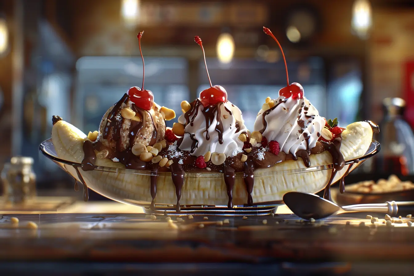 A delicious banana split dessert in a bowl with scoops of vanilla, chocolate, and strawberry ice cream, drizzled with chocolate syrup, topped with whipped cream, nuts, and a cherry.