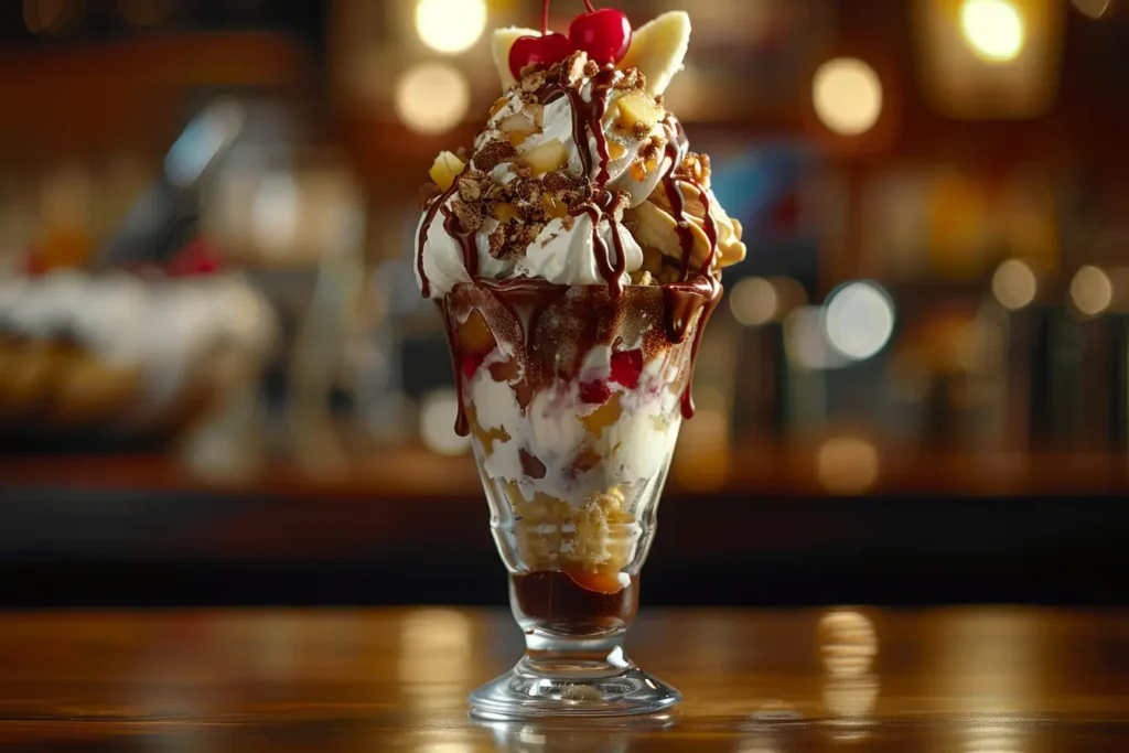 A freshly made banana split served in a classic dish, featuring three scoops of ice cream, chocolate, strawberry, and pineapple syrups, whipped cream, chopped nuts, and cherries.