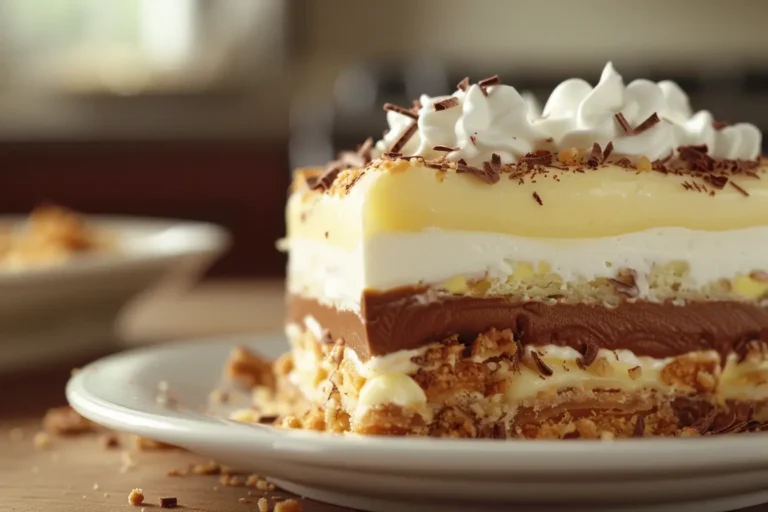 A Robert Redford Cake with creamy layers, chocolate pudding, and whipped topping, garnished with chocolate shavings