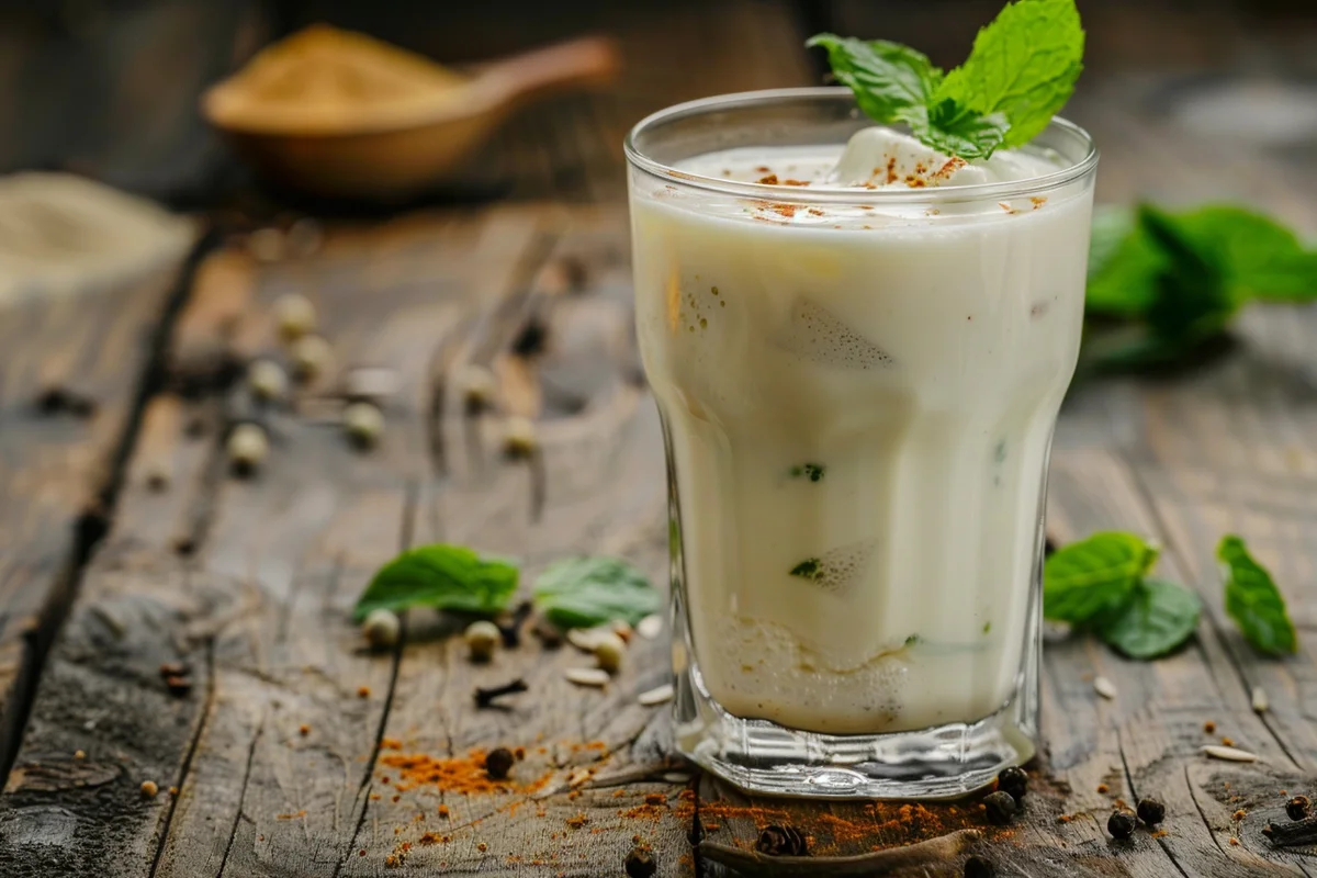 A refreshing cold yogurt drink served in a glass with ice, garnished with mint and spices.